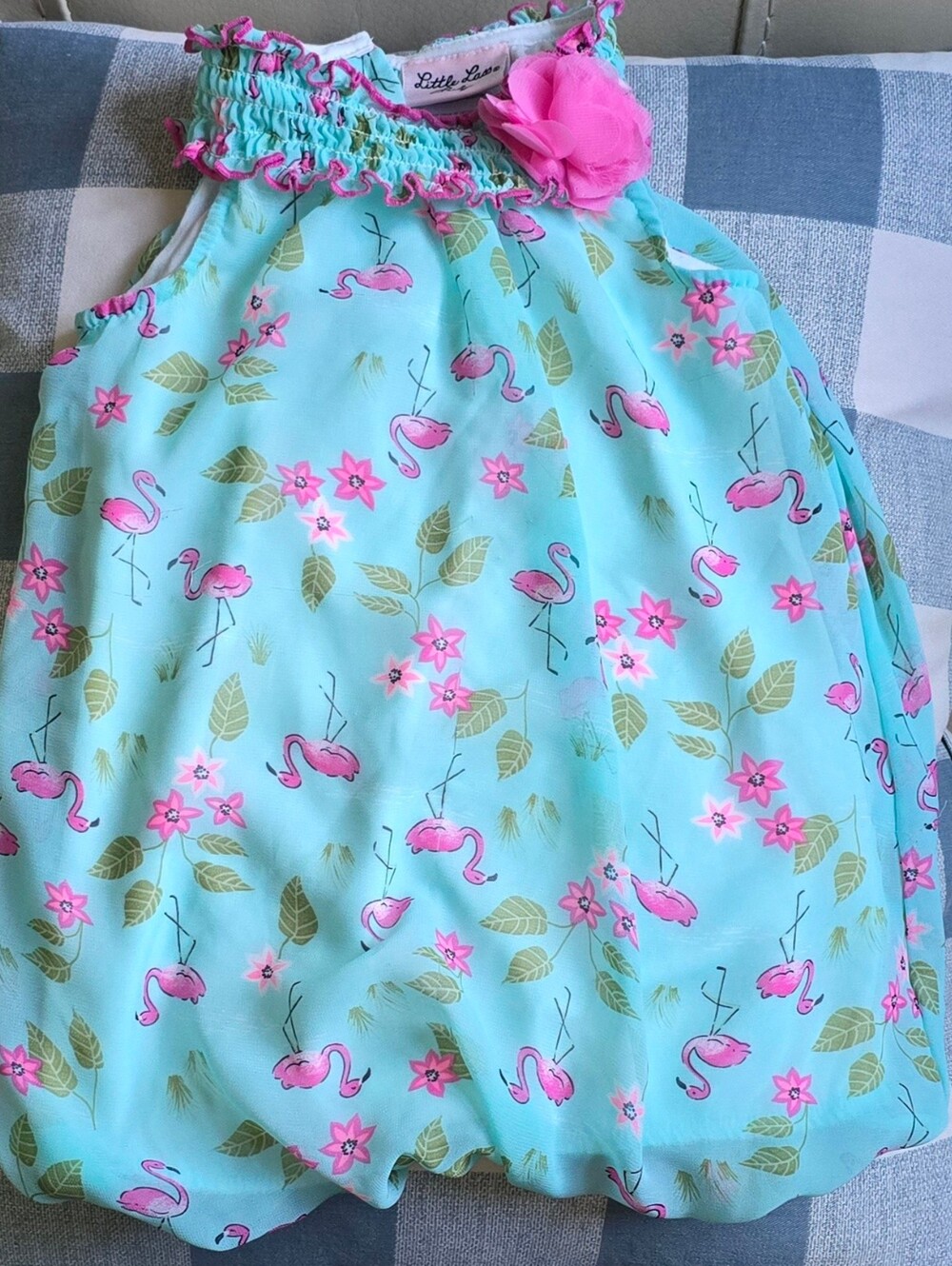 Smocked Ruffle Neckline Baby Girl Romper Mint Pink Flowers Flamingo Leaves 24 MO